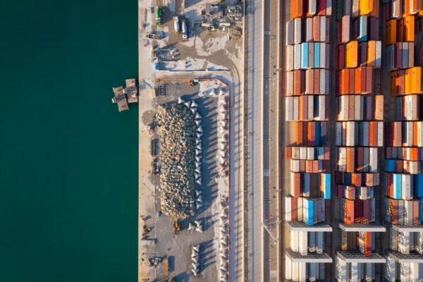 Aerial view of a container port, representative image for comparing Gwadar and Chabahar port traffic