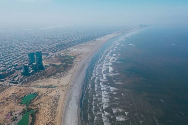 Aerial view of Pakistan's Arabian Sea coastline near Karachi, representative image for Pakistan's Makran coast where Pasni and Gwadar are located