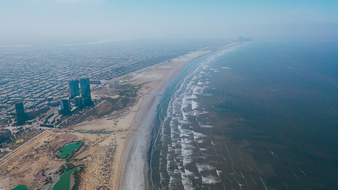 Aerial view of Pakistan's Arabian Sea coastline near Karachi, representative image for Pakistan's Makran coast where Pasni and Gwadar are located