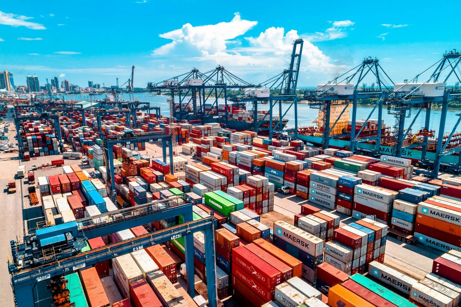Port harbour with cranes and vessels, representative image for Gwadar Port, the destination end of the East Bay Expressway corridor