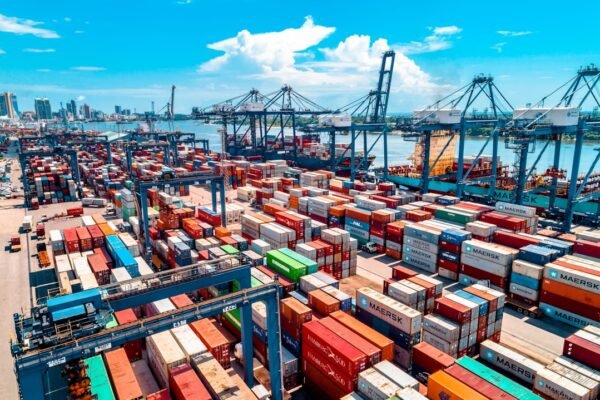 Aerial view of a port harbour, representing the planned Gwadar-Sohar sister port agreement between Pakistan and Oman